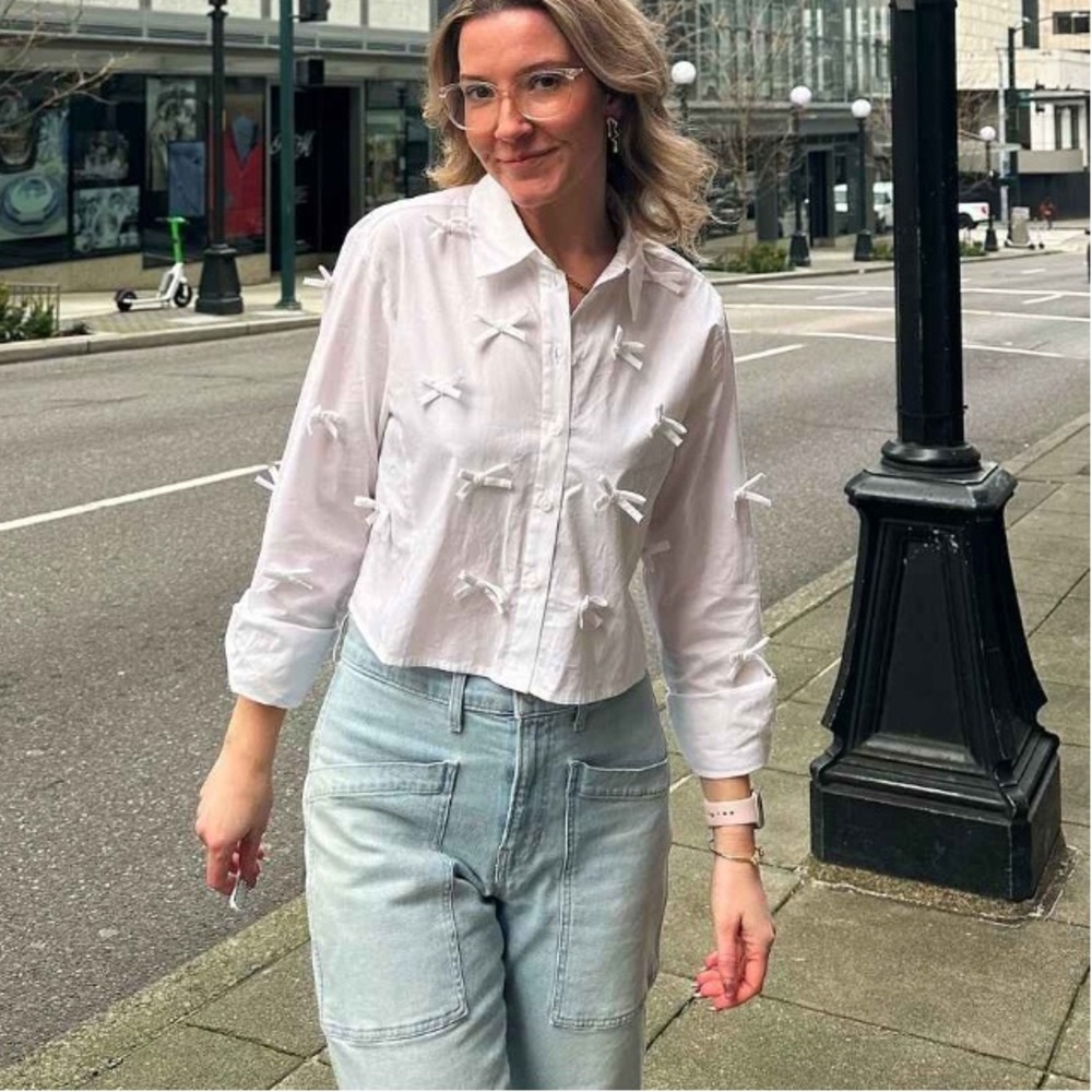 Women's Long Sleeve Cropped Bow Button-Down Shirt - Wild Fable ~ White Sz XXL